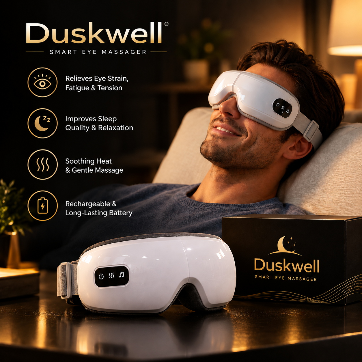 Man relaxing on a sofa wearing the Duskwell heated eye massager