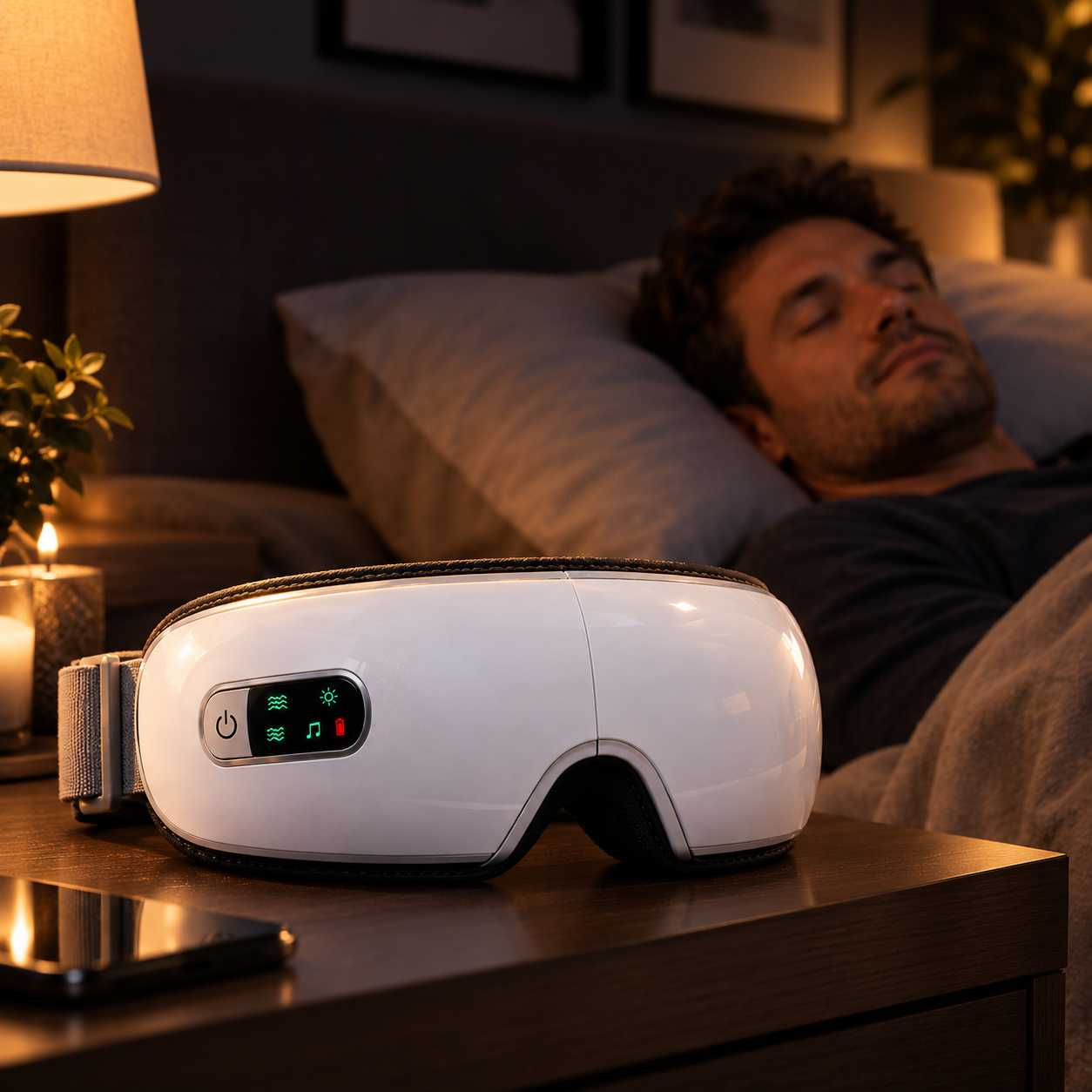 Duskwell eye massager on a bedside table at night